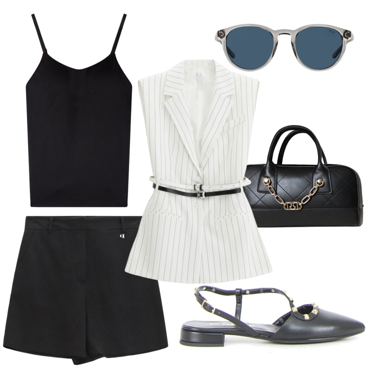 Outfit donna - Gilet mania. Stile Bon Ton per Tutti i giorni. Abbinamento con magliette intime, borse a mano, gilet, shorts, occhiali da sole, sandali in pelle.
