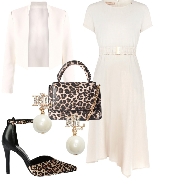 Outfit donna - White dettagli animalier. Stile Chic per Serata fuori. Abbinamento con décolleté, borse a tracolla, vestiti, bolero, orecchini.
