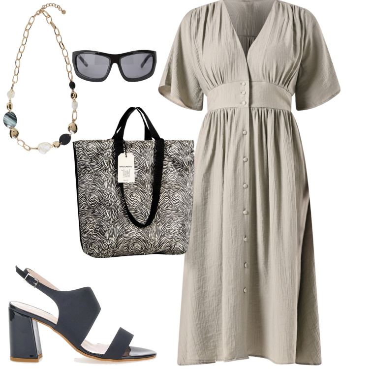 Outfit donna - City. Stile Urban per Tutti i giorni. Abbinamento con borse tote, vestiti chemisier, occhiali da sole, sandali col tacco, collane.