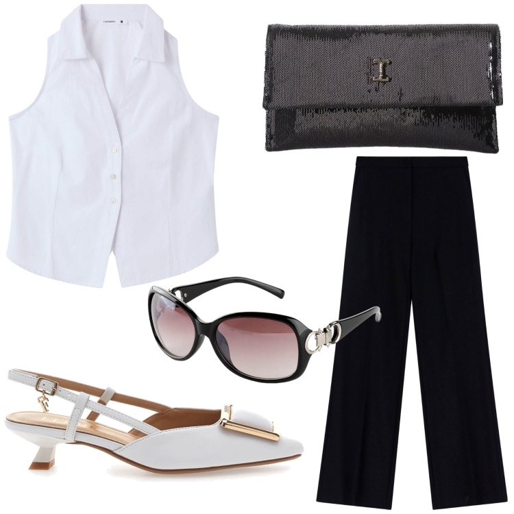 Outfit donna - Classy style. Stile Chic per Serata fuori. Abbinamento con occhiali da sole, camicie, borse a tracolla, pantaloni, décolleté.