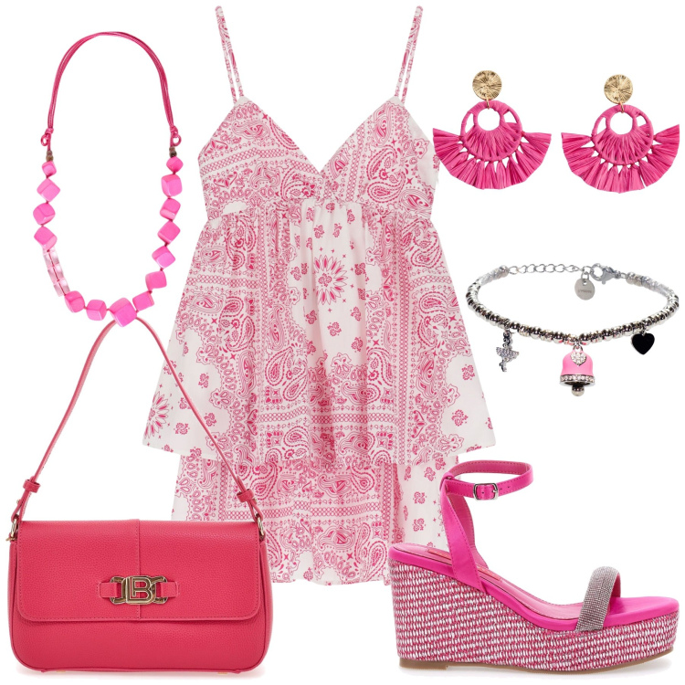 Outfit donna - Barbie Ibiza. Stile Sexy per Serata fuori. Abbinamento con orecchini, vestiti corti, braccialetti, borse a spalla, zeppe, collane.