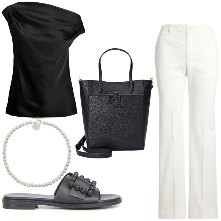 Outfit donna - Easy chic. Stile Chic per Serata fuori. Abbinamento con collane, pantaloni, top, borse tote, ciabatte.