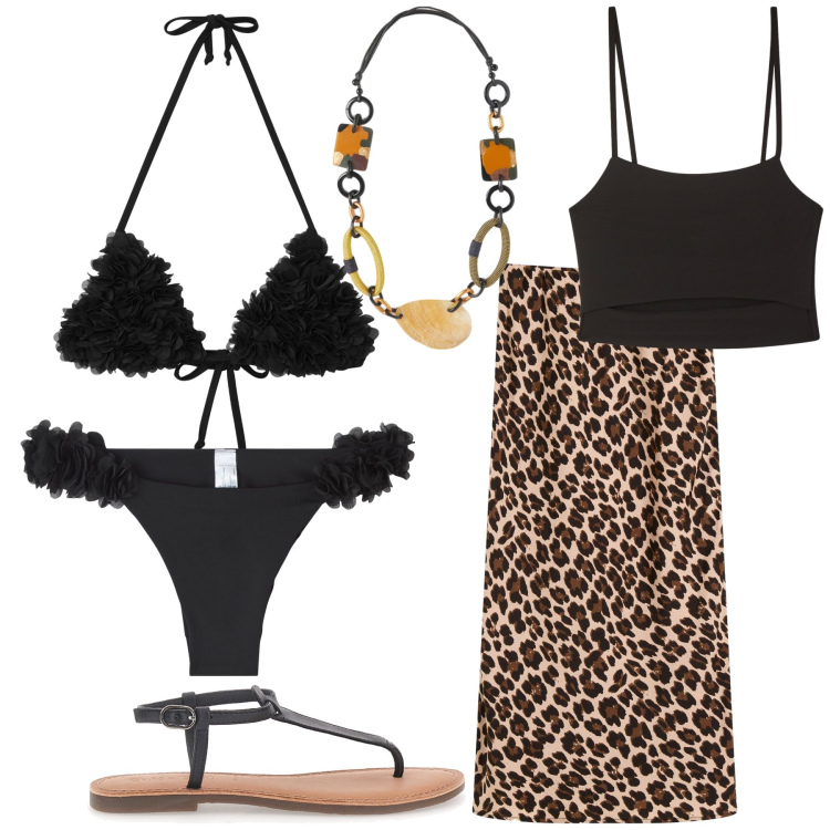 Outfit donna - Feste estive. Stile Trendy per Serata fuori. Abbinamento con gonne longuette, bikini, bikini, canottiere, infradito, collane.