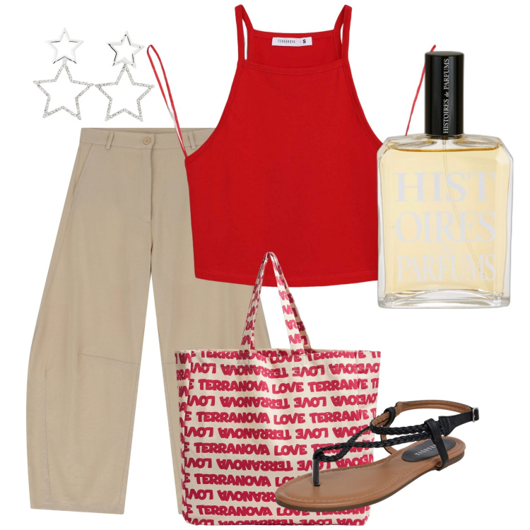 Outfit donna - Etoiles. Stile Casual per Tutti i giorni. Abbinamento con profumi, ciabatte, orecchini, top, borse tote, pantaloni.