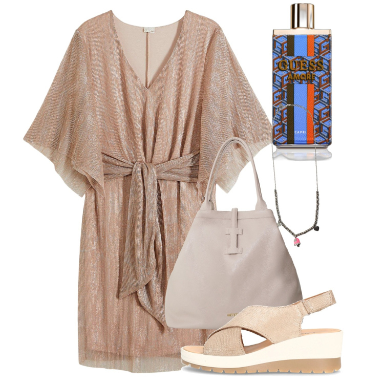 Outfit donna - La tunica che scivola. Stile Bon Ton per Tutti i giorni. Abbinamento con vestiti, profumi, borse tote, ciondoli, sandali col tacco.