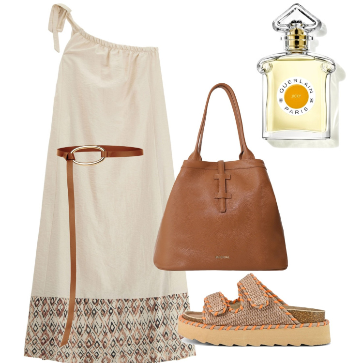 Outfit donna - Anche con una cintura. Stile Chic per Tutti i giorni. Abbinamento con profumi, cinture, vestiti lunghi, borse tote, sandali.