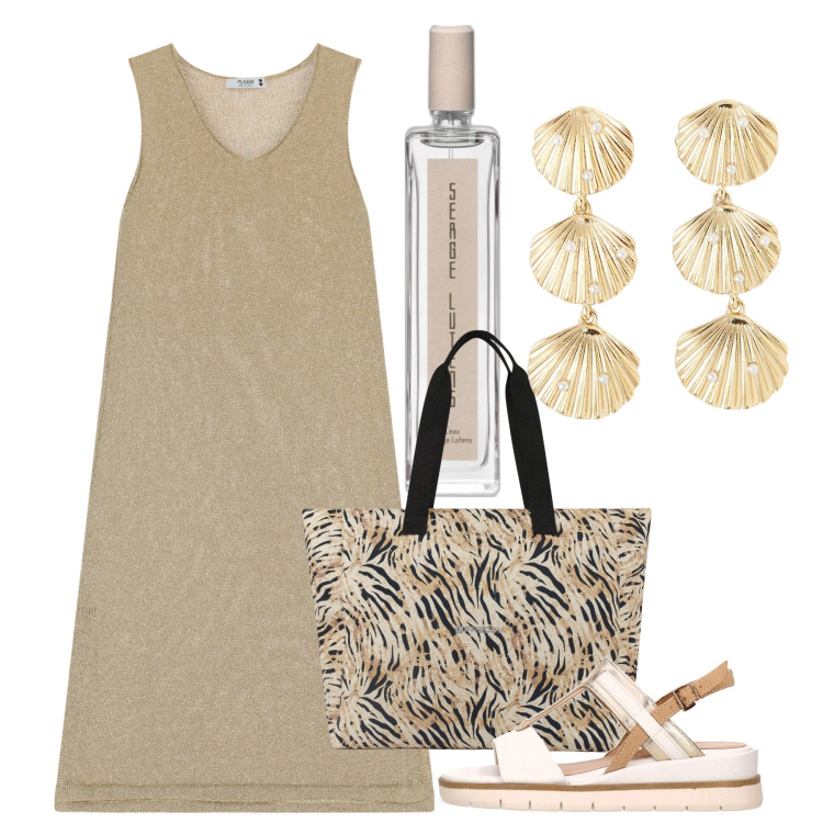 Outfit donna - August\'s shell. Stile Bon Ton per Tutti i giorni. Abbinamento con profumi, orecchini, vestiti midi/longuette, shopping bag, sandali.