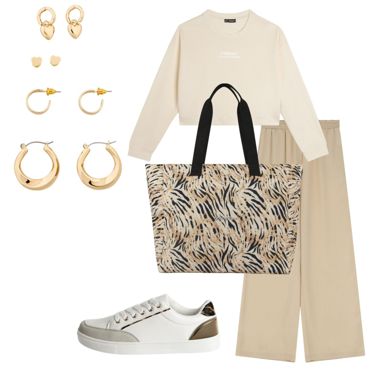 Outfit donna - Total look #2227856. Stile Sporty chic per Tutti i giorni. Abbinamento con orecchini, sneakers, pantaloni a palazzo, shopping bag, felpe.