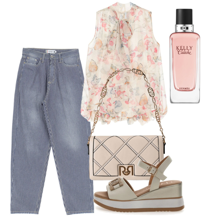 Outfit donna - A passo svelto. Stile Casual per Tutti i giorni. Abbinamento con profumi, borse a tracolla, jeans mom, camicie, sandali in pelle.