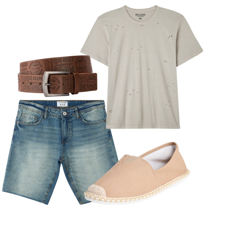 Outfit uomo - Agosto. Stile Casual per Tutti i giorni. Abbinamento con cinture, espadrillas, t-shirt, bermuda.