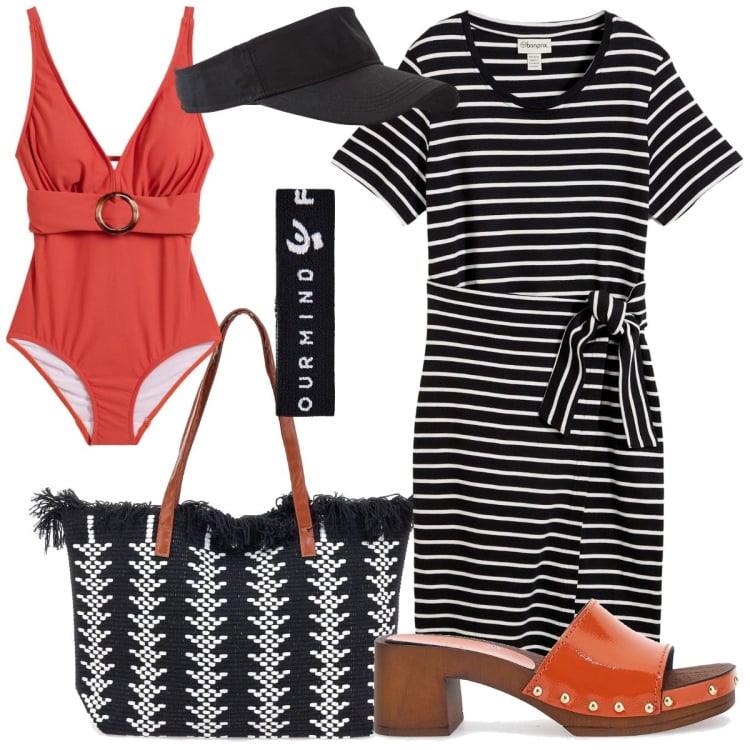 Outfit donna - Borsa mare. Stile Casual chic per Mare. Abbinamento con costumi interi, vestiti, cappelli con visiera, braccialetti, zoccoli, borse a spalla.