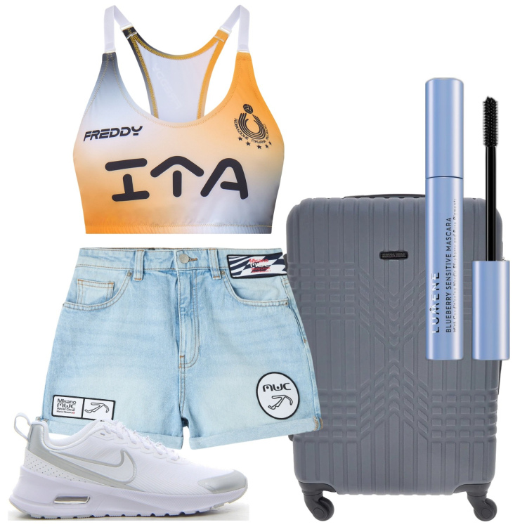 Outfit donna - Si parte!. Stile Casual per Tutti i giorni. Abbinamento con mascara, shorts, top, sneakers, valigie.