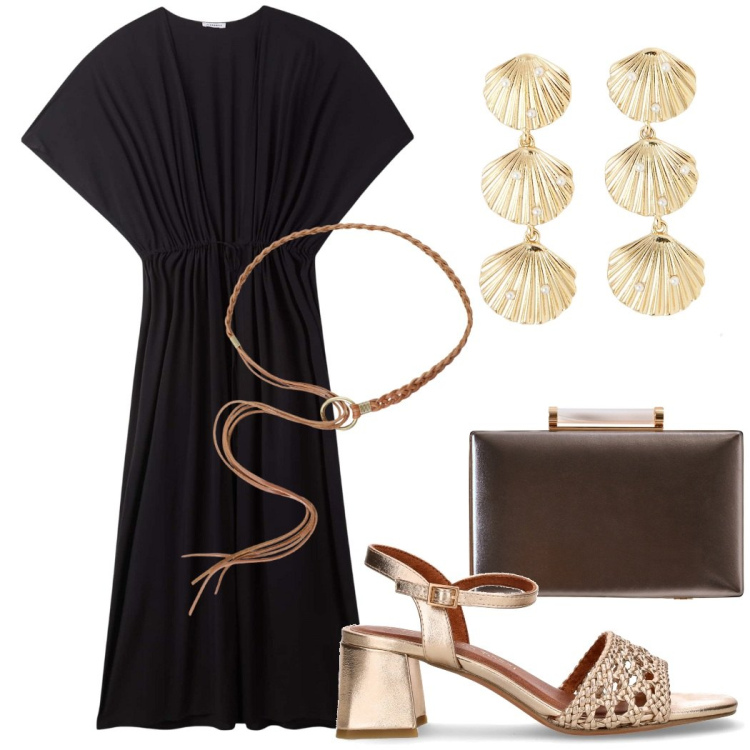 Outfit donna - Un caftano per la sera al mare. Stile Casual chic per Serata fuori. Abbinamento con orecchini, caftani, clutch, cinture, sandali col tacco.