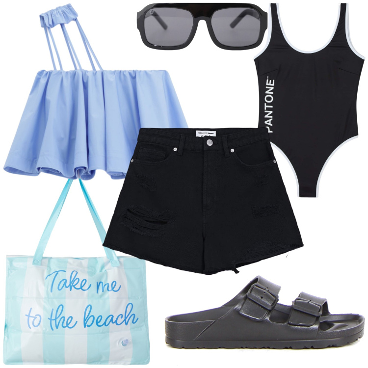 Outfit donna - To the beach. Stile Trendy per Mare. Abbinamento con costumi interi, borse tote, shorts, occhiali da sole, top, ciabatte.