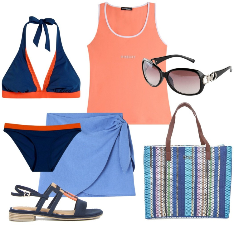 Outfit donna - La borsa tuttofare. Stile Casual chic per Mare. Abbinamento con bikini, occhiali da sole, vestiti da spiaggia, canottiere, shopping bag, sandali.