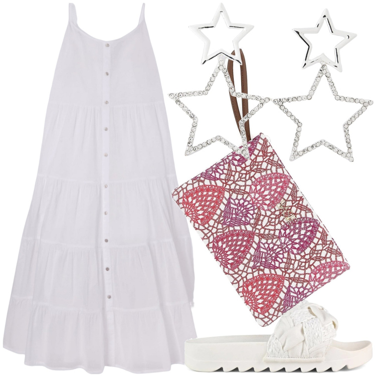 Outfit donna - Paglia e perline sotto le stelle. Stile Glamour per Serata fuori. Abbinamento con vestiti lunghi, orecchini, pochette, ciabatte.