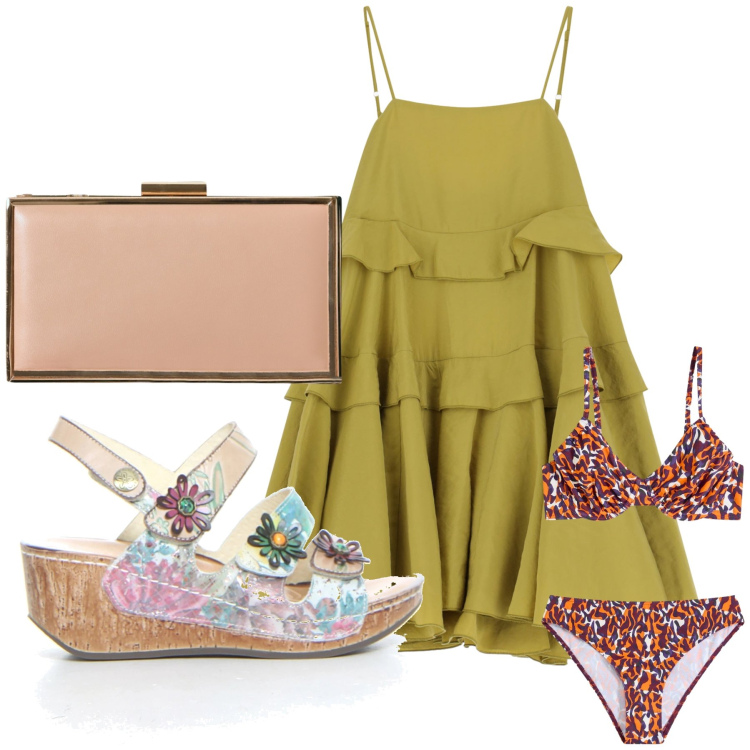 Outfit donna - Falo’. Stile Trendy per Mare. Abbinamento con bikini, pochette, vestiti corti, sandali.