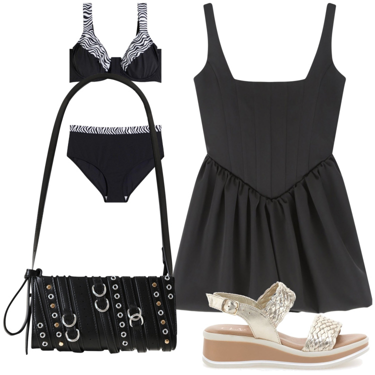 Outfit donna - Dress code black night. Stile Bon Ton per Mare. Abbinamento con bikini, borse a spalla, vestiti corti, sandali.