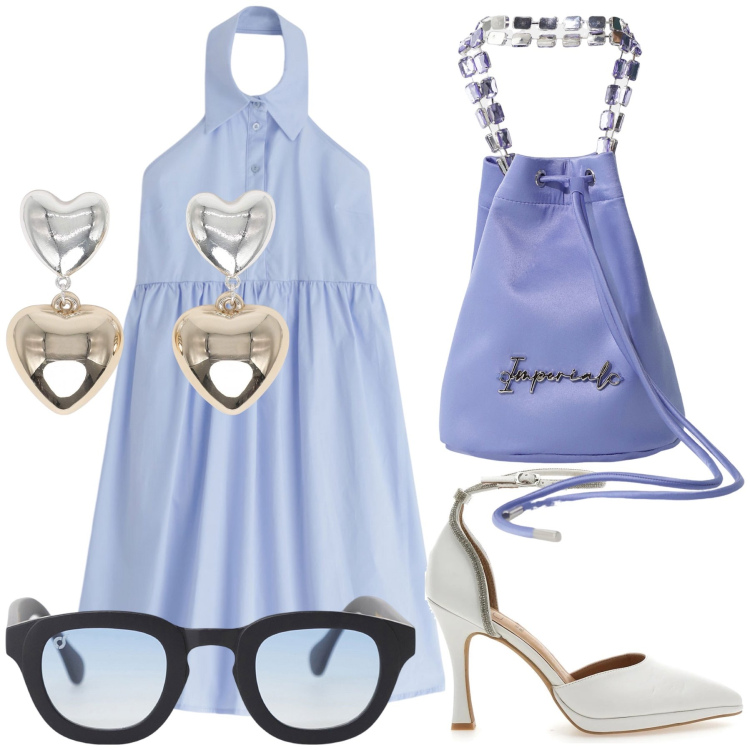 Outfit donna - Romanticismo a cena. Stile Romantica per Serata fuori. Abbinamento con orecchini, occhiali da sole, vestiti midi/longuette, borse a secchiello, décolleté.