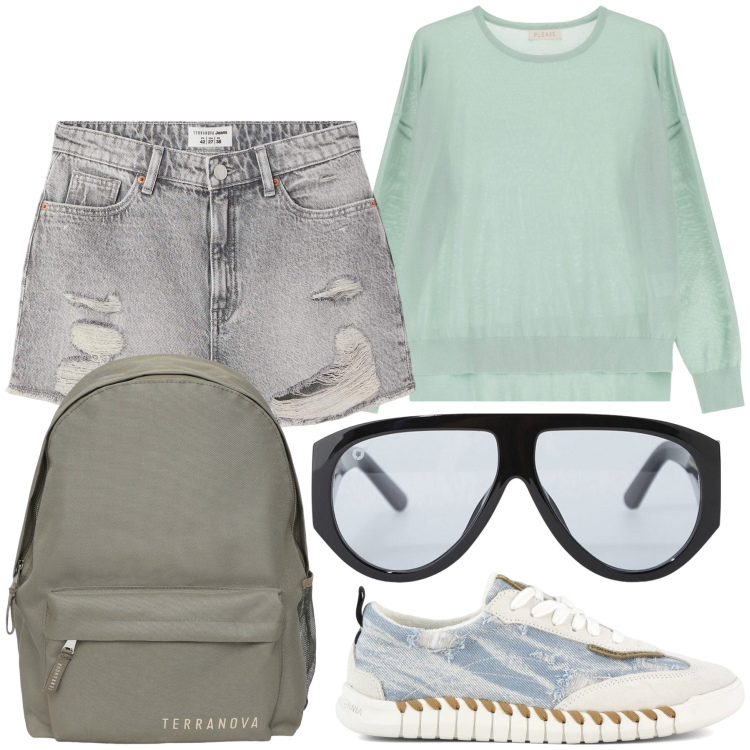 Outfit donna - Caldo pure in montagna. Stile Casual per Tutti i giorni. Abbinamento con shorts, zaini, pullovers, occhiali da sole, sneakers.