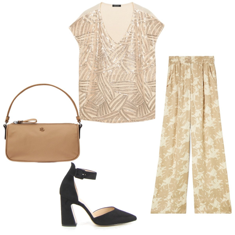 Outfit donna - Colori tenui. Stile Chic per Serata fuori. Abbinamento con pantaloni culotte, pochette, t-shirt, sandali in pelle.