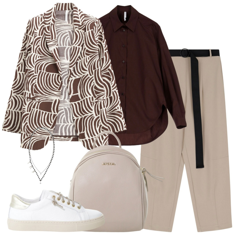 Outfit donna - Aria condizionata. Stile Casual per Scuola/Università. Abbinamento con sneakers, blazer, collane, pantaloni, zaini, camicie.