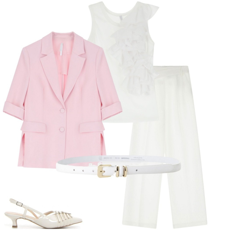 Outfit donna - Tailoring sotto il sole. Stile Casual chic per Serata fuori. Abbinamento con cinture, top, pantaloni a palazzo, blazer, décolleté.