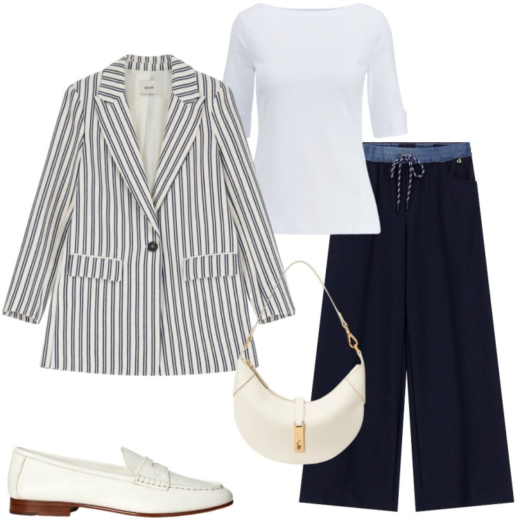 Outfit donna - Tailoring sotto il sole. Stile Casual chic per Ufficio. Abbinamento con pantaloni a palazzo, blazer, t-shirt, mocassini, borse a spalla.