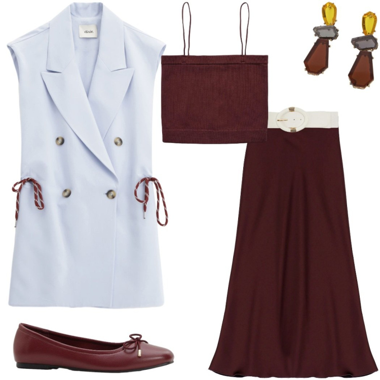 Outfit donna - Tailoring sotto il sole. Stile Casual chic per Serata fuori. Abbinamento con ballerine, canottiere, cinture, gonne lunghe, gilet, orecchini.
