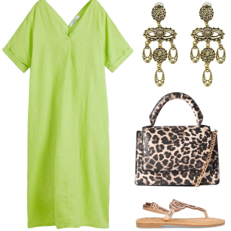 Outfit donna - Lime green. Stile Glamour per Serata fuori. Abbinamento con caftani, borse a tracolla, orecchini, sandali in pelle.