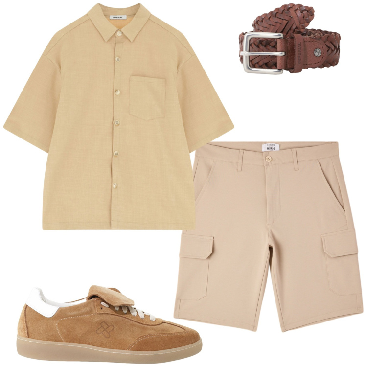 Outfit uomo - Tonalità neutre. Stile Casual per Tutti i giorni. Abbinamento con pantaloni corti, sneakers, cinture, camicie a manica corta.