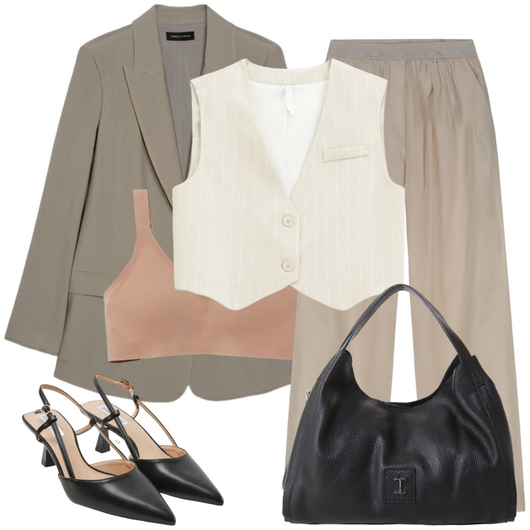 Outfit donna - Tailoring in estate. Stile Casual chic per Ufficio. Abbinamento con sabot, bralette, gilet, pochette, pantaloni, blazer.