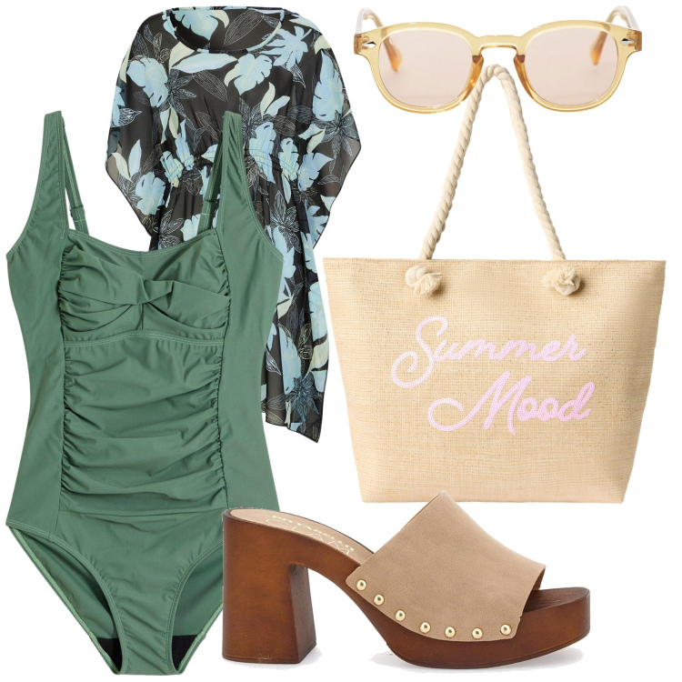 Outfit donna - Una giornata rilassante. Stile Glamour per Mare. Abbinamento con costumi interi, vestiti da spiaggia, borse tote, occhiali da sole, zoccoli.