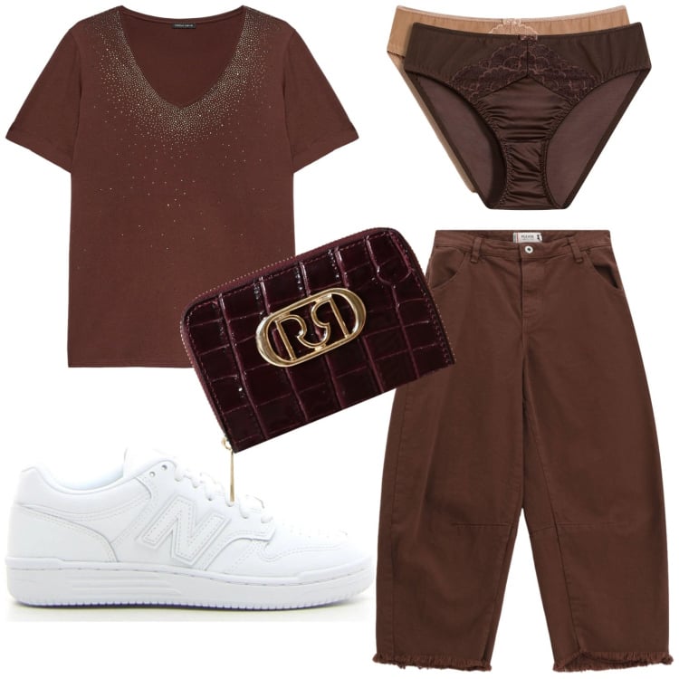 Outfit donna - Espresso macchiato. Stile Minimal per Tutti i giorni. Abbinamento con culotte, portafogli, pantaloni, t-shirt, sneakers.