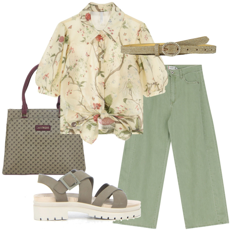 Outfit donna - Total look #2228025. Stile Etnico per Tutti i giorni. Abbinamento con cinture, pantaloni a palazzo, camicie a manica corta, borse a spalla, sandali.