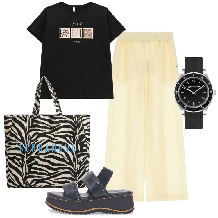 Outfit donna - Stacco netto. Stile Casual per Tutti i giorni. Abbinamento con borse tote, pantaloni, t-shirt, orologi, sandali in pelle.