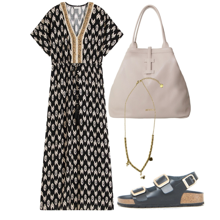 Outfit donna - Atmosfere etniche. Stile Etnico per Tutti i giorni. Abbinamento con vestiti lunghi, borse tote, ciondoli, sandali.