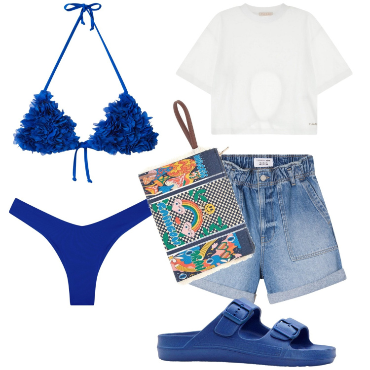 Outfit donna - Total look #2228054. Stile Trendy per Mare. Abbinamento con ciabatte, shorts, bikini, bikini, t-shirt, pochette.