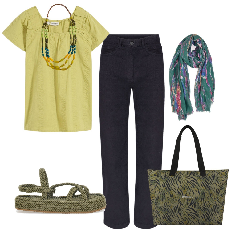 Outfit donna - Verde mela. Stile Casual per Tutti i giorni. Abbinamento con tuniche, shopping bag, pantaloni, collane, sandali, foulard.