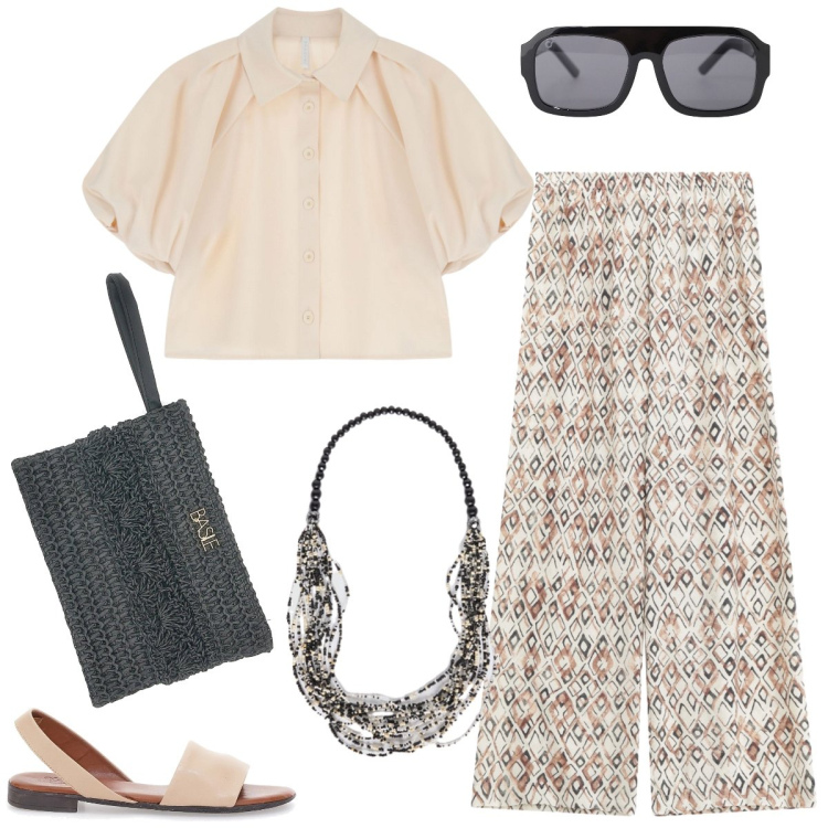 Outfit donna - Total look #2228061. Stile Casual chic per Tutti i giorni. Abbinamento con occhiali da sole, pantaloni a palazzo, camicie a manica corta, sandali, collane, pochette.