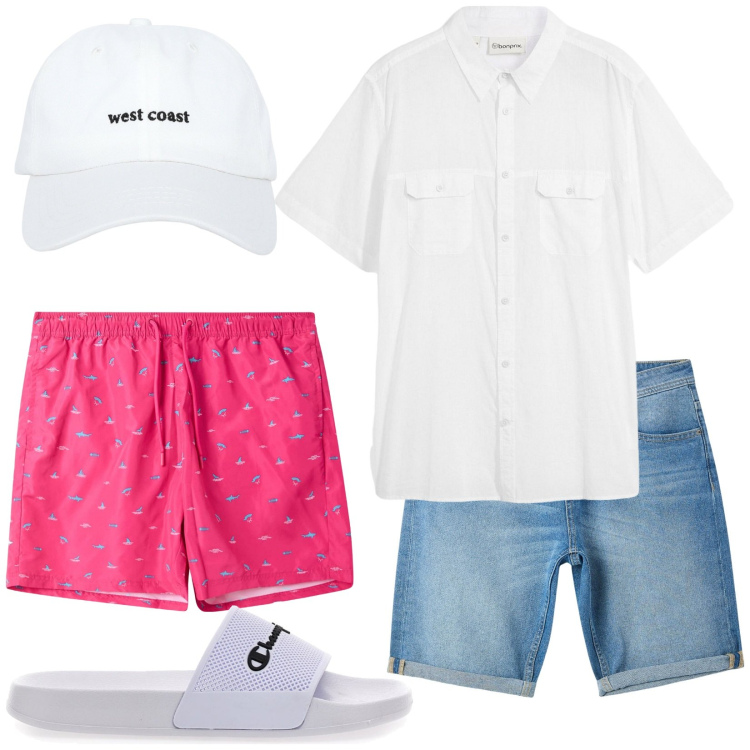 Outfit uomo - Total look #2228065. Stile Casual per Mare. Abbinamento con camicie a manica corta, cappelli, bermuda, costumi, sandali.
