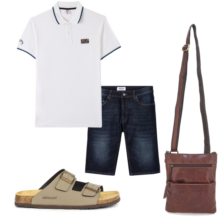 Outfit uomo - Una serata con gli amici. Stile Urban per Tutti i giorni. Abbinamento con bermuda, polo, portafogli, sandali.