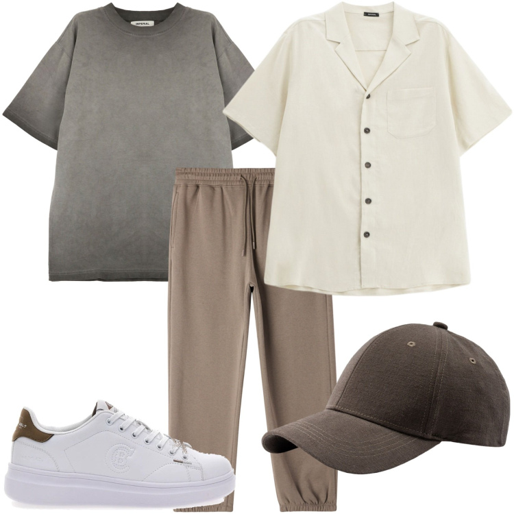 Outfit uomo - Relax estivo. Stile Casual per Tutti i giorni. Abbinamento con pantaloni, t-shirt, camicie a manica corta, cappelli con visiera, sneakers.