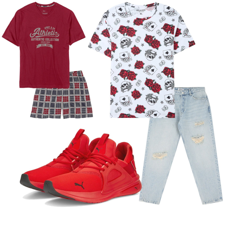 Outfit uomo - Total look #2228101. Stile Casual per Tutti i giorni. Abbinamento con abbigliamento da notte, t-shirt, jeans strappati, sneakers.