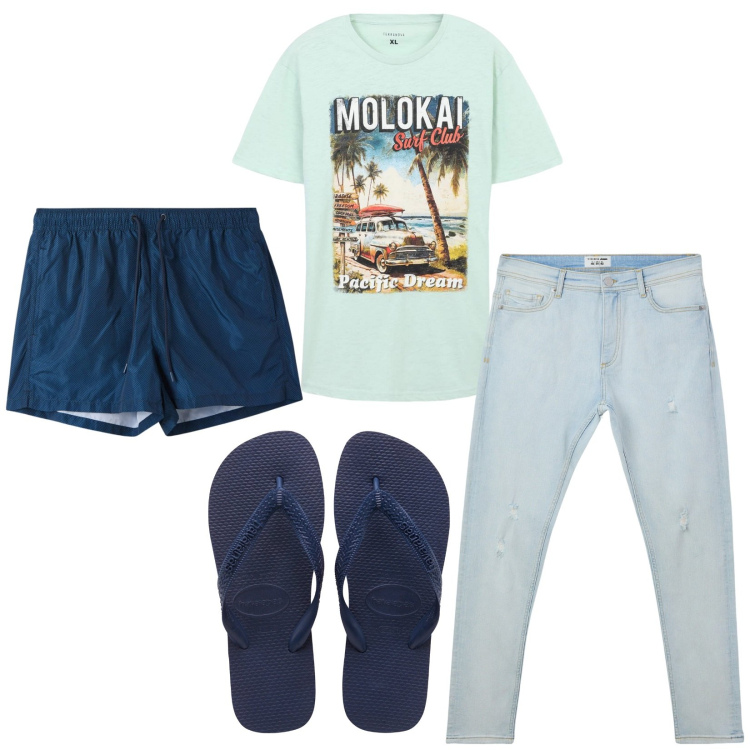 Outfit uomo - Total look #2228114. Stile Casual per Mare. Abbinamento con costumi, t-shirt, jeans strappati, sandali.