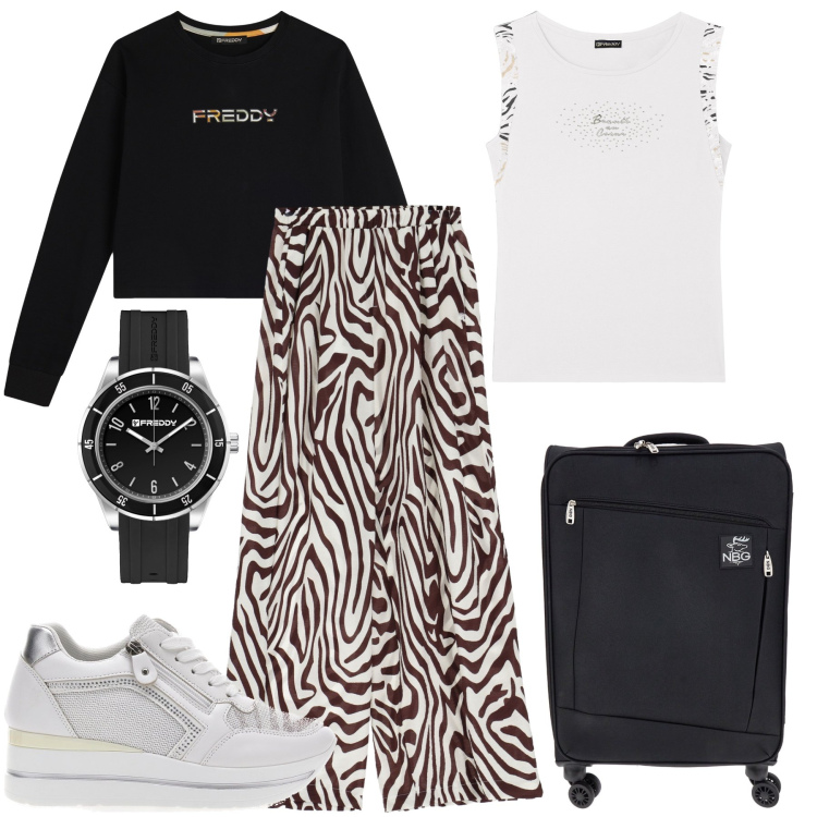 Outfit donna - Viaggiare comfort e con stile. Stile Sporty chic per Tutti i giorni. Abbinamento con pantaloni a palazzo, t-shirt, felpe, orologi, valigie, sneakers.