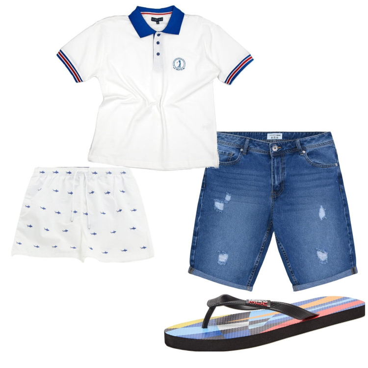 Outfit uomo - Total look #2228123. Stile Casual per Mare. Abbinamento con sandali, bermuda, costumi, polo.