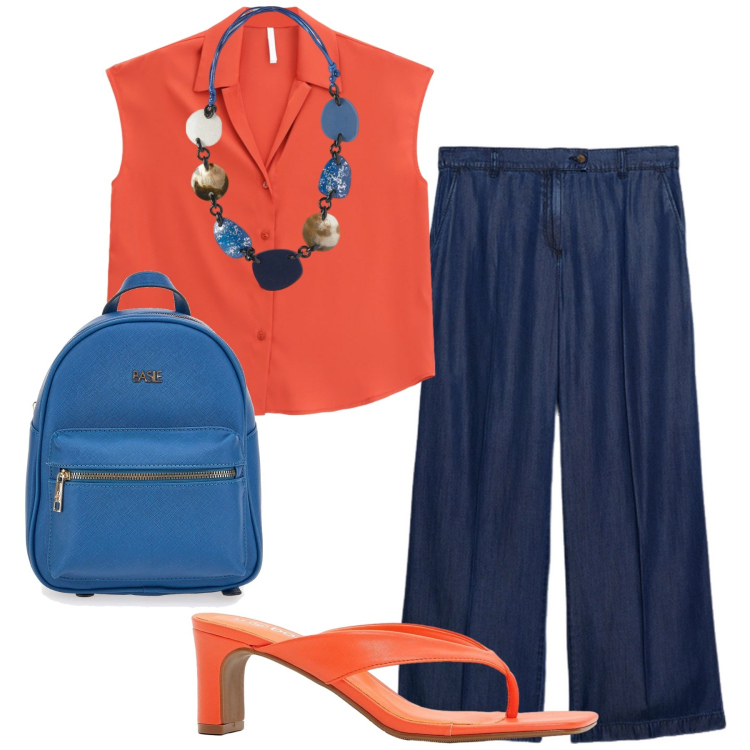 Outfit donna - Total look #2228128. Stile Glamour per Tutti i giorni. Abbinamento con infradito, camicie, zaini, jeans, collane.