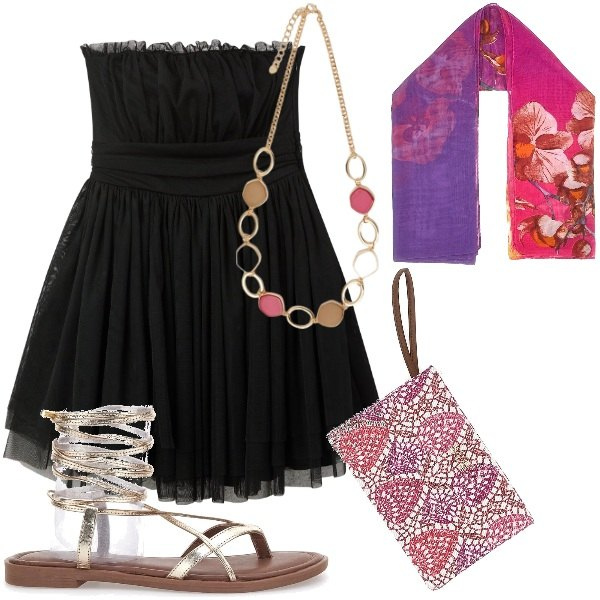 Outfit donna - A cena fuori. Stile Chic per Serata fuori. Abbinamento con vestiti corti, foulard, pochette, collane, sandali alla schiava.