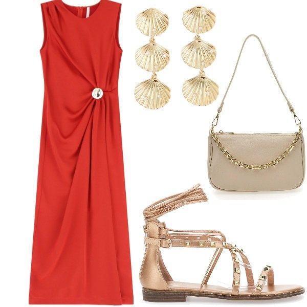 Outfit donna - Ferragosto. Stile Chic per Serata fuori. Abbinamento con orecchini, vestiti lunghi, sandali alla schiava, borse a tracolla.
